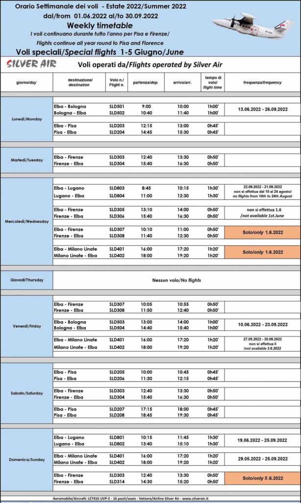 Elba Island flight timetable - summer 2022