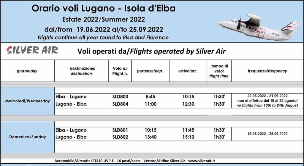 Flight timetable Elba Island - Lugano summer 2022